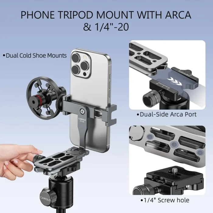 Phone Tripod Stand Foldable, PT-05 Pocket Cell Phone Tripod Mount Handle Smartphone Desk Stand Travel All in One Vlog Video Aluminium 2 Cold Shoe Small Size Lightweight Portable Stick - Image 6
