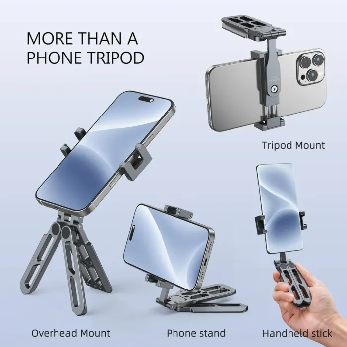 Phone Tripod Stand Foldable, PT-05 Pocket Cell Phone Tripod Mount Handle Smartphone Desk Stand Travel All in One Vlog Video Aluminium 2 Cold Shoe Small Size Lightweight Portable Stick - Image 7