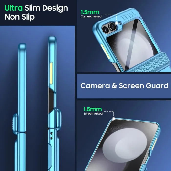 Vizvera for Samsung Galaxy Z Flip 5 Case with Hinge Cover,Built-in Kickstand Shockproof All-Inclusive Smartphone Cover Wireless Charging for Galaxy Z Flip 5(Lake Blue)