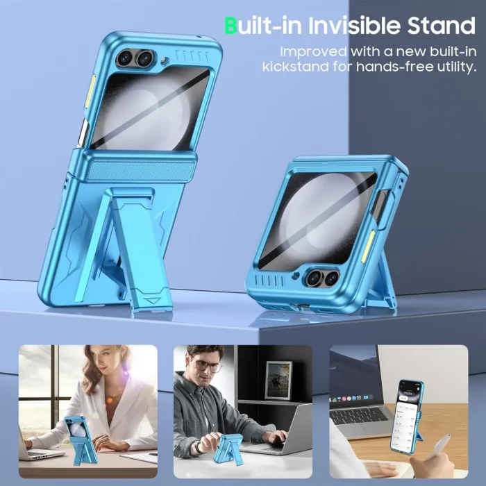 Vizvera for Samsung Galaxy Z Flip 5 Case with Hinge Cover,Built-in Kickstand Shockproof All-Inclusive Smartphone Cover Wireless Charging for Galaxy Z Flip 5(Lake Blue)