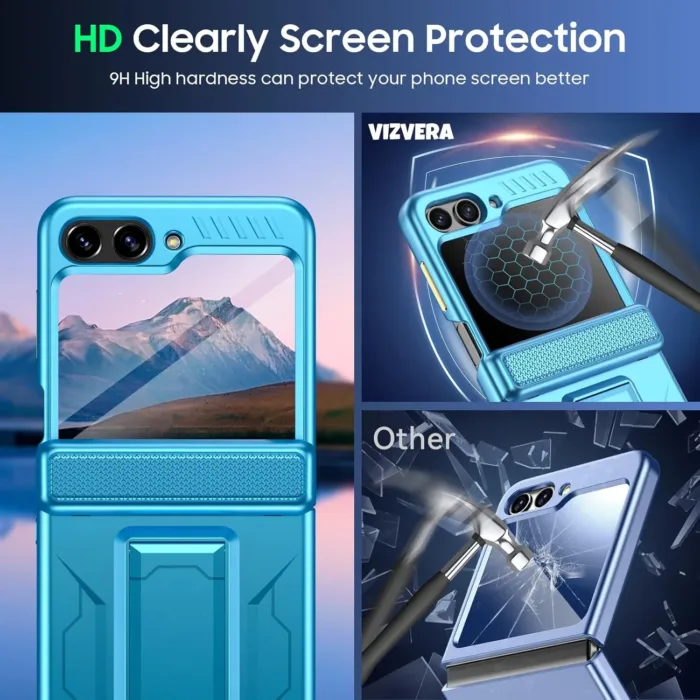 Vizvera for Samsung Galaxy Z Flip 5 Case with Hinge Cover,Built-in Kickstand Shockproof All-Inclusive Smartphone Cover Wireless Charging for Galaxy Z Flip 5(Lake Blue)