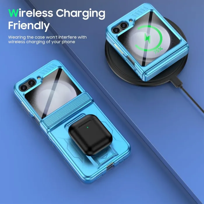 Vizvera for Samsung Galaxy Z Flip 5 Case with Hinge Cover,Built-in Kickstand Shockproof All-Inclusive Smartphone Cover Wireless Charging for Galaxy Z Flip 5(Lake Blue)