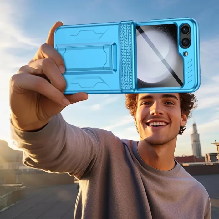 Vizvera for Samsung Galaxy Z Flip 5 Case with Hinge Cover,Built-in Kickstand Shockproof All-Inclusive Smartphone Cover Wireless Charging for Galaxy Z Flip 5(Lake Blue)