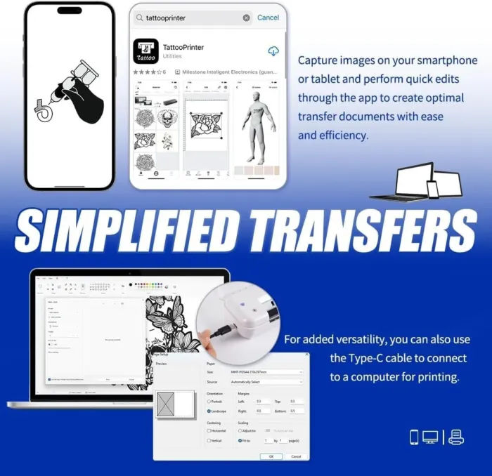 Mast Smart Wireless Tattoo Stencil Printer, Thermal Tattoo Printer for Tattoo Artists & Beginners, Compatible with Tablet,Smartphone & PC, White - Image 8