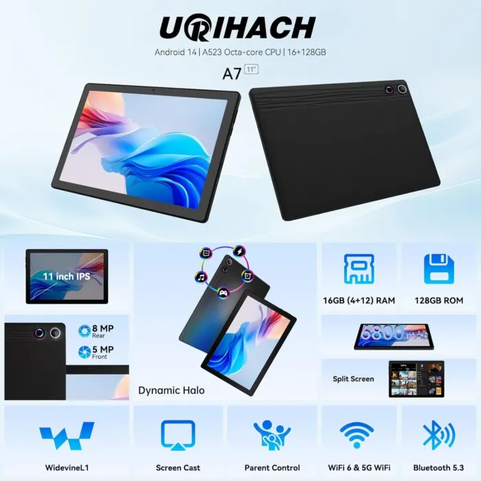 Tablet, Android Tablet, 16GB RAM 128GB ROM 1TB Expansion, 8-Core Processor, Android 14 ,11 inch 1280x800 FHD Touch Screen, Widevine L1, Dynamic Halo, Dual Camera, WiFi6,BT5.3, 6800mAh Battery,Black - Image 3