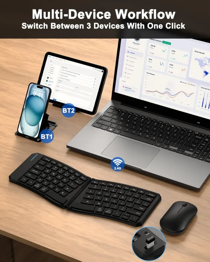 Ergonomic Foldable Keyboard and Mouse Combo, 2.4G+Dual Bluetooth Rechargeable Folding Keyboard Mouse for Travel and Business, Split Design, Portable Size for Laptop iPads Tablet Smartphone - Image 5