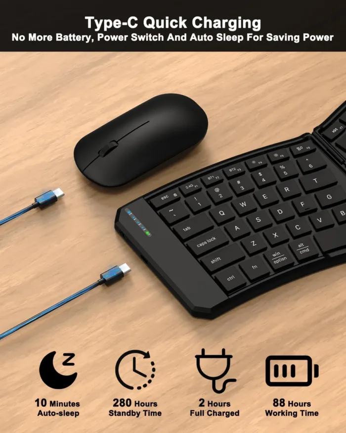 Ergonomic Foldable Keyboard and Mouse Combo, 2.4G+Dual Bluetooth Rechargeable Folding Keyboard Mouse for Travel and Business, Split Design, Portable Size for Laptop iPads Tablet Smartphone - Image 7