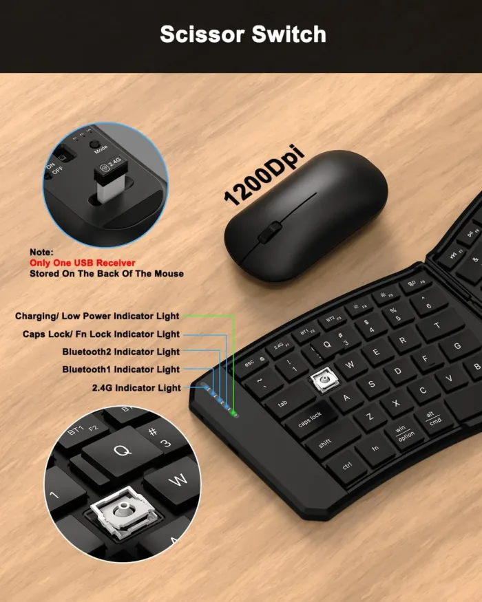 Ergonomic Foldable Keyboard and Mouse Combo, 2.4G+Dual Bluetooth Rechargeable Folding Keyboard Mouse for Travel and Business, Split Design, Portable Size for Laptop iPads Tablet Smartphone - Image 8