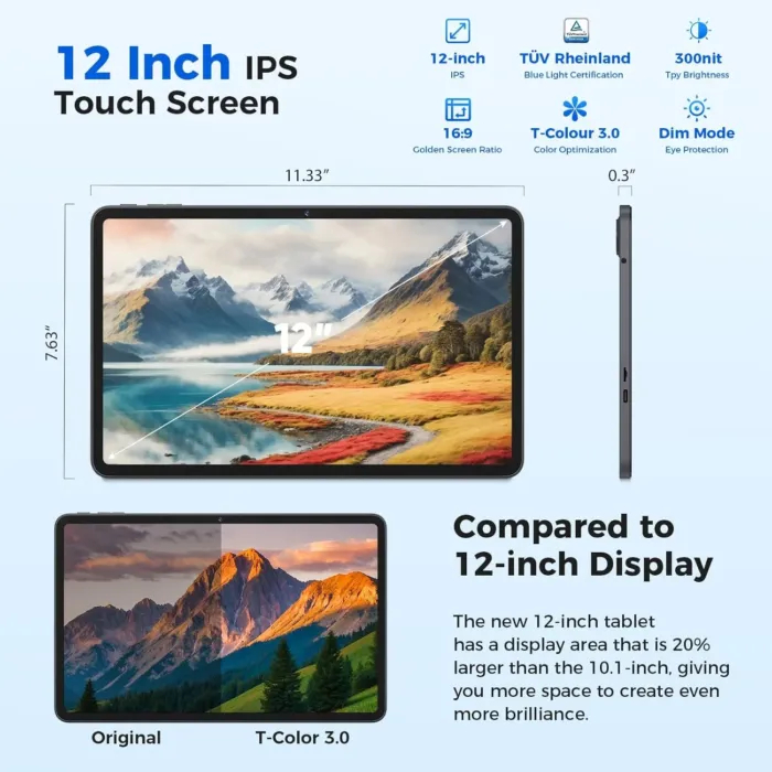 Tablet 12 inch Android 15 Tablets, 24GB（8+16）RAM+256 Storage(Expand to 1TB), Android Tablet with Keyboard, Octa-Core, 2K 2000x1200 Display, 16MP Dual Camera, 8000mAh, 5G WiFi,GPS,Bluetooth 5.0（Black） - Image 3