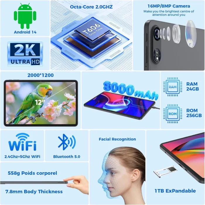 Tablet 12 inch Android 15 Tablets, 24GB（8+16）RAM+256 Storage(Expand to 1TB), Android Tablet with Keyboard, Octa-Core, 2K 2000x1200 Display, 16MP Dual Camera, 8000mAh, 5G WiFi,GPS,Bluetooth 5.0（Black） - Image 4