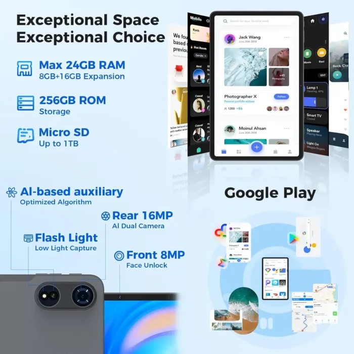 Tablet 12 inch Android 15 Tablets, 24GB（8+16）RAM+256 Storage(Expand to 1TB), Android Tablet with Keyboard, Octa-Core, 2K 2000x1200 Display, 16MP Dual Camera, 8000mAh, 5G WiFi,GPS,Bluetooth 5.0（Black） - Image 5