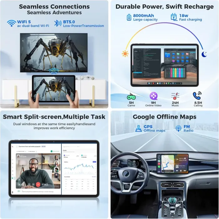 Tablet 12 inch Android 15 Tablets, 24GB（8+16）RAM+256 Storage(Expand to 1TB), Android Tablet with Keyboard, Octa-Core, 2K 2000x1200 Display, 16MP Dual Camera, 8000mAh, 5G WiFi,GPS,Bluetooth 5.0（Black） - Image 8