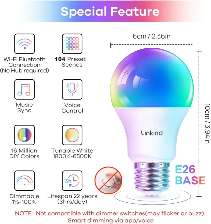 Linkind Smart Light Bulbs, Smart Bulb That Work with Alexa & Google Home, LED Light Bulbs Color Changing, 104 Preset Scene, Music Sync, A19 E26 2.4GHz RGBTW WiFi Bluetooth Light Bulb 60W, 800LM, 4Pack - Image 3