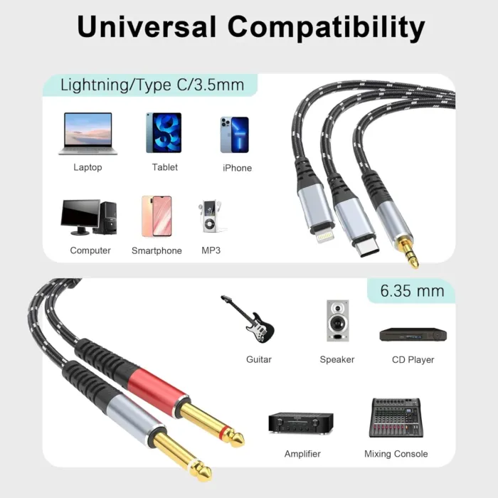 Lightning to Dual 6.35mm 1/4" TS Mono Stereo Y-Cable Splitter,3 in 1 to Dual 1/4-inch Audio Cable, Compatible with smartphones, computers, phones/Pads Amplifiers,speakers,headphones,mixing 3.3FT - Image 3