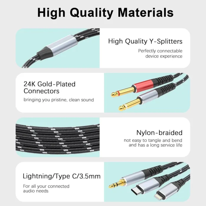 Lightning to Dual 6.35mm 1/4" TS Mono Stereo Y-Cable Splitter,3 in 1 to Dual 1/4-inch Audio Cable, Compatible with smartphones, computers, phones/Pads Amplifiers,speakers,headphones,mixing 3.3FT - Image 4