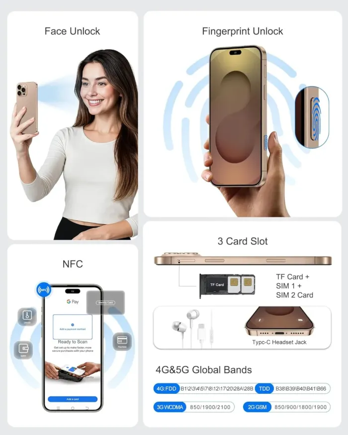 I17 Pro Max Smartphone Unlocked 5G,Android 15 Cell Phone 12GB+256GB/1TB Expandable,6.8 Inch Screen 7800mAh Battery 108MP Camera Dual SIM Phone NFC/GPS/Face ID/Fingerprint Unlock - Image 6