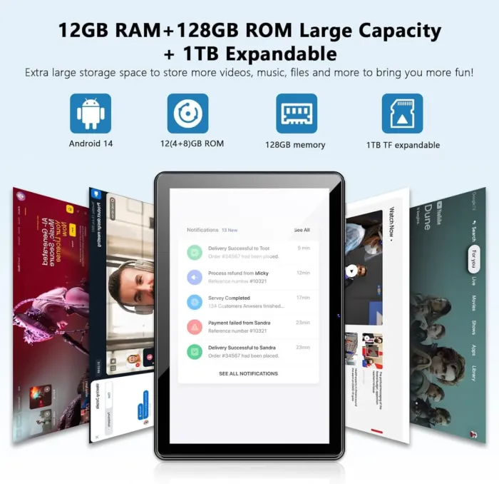 Tablet 10 Inch Android 14 2024 New Tablets, 12GB+128GB, 1TB Expand, Widevine L1 Compatible Octa-Core Tablet with WiFi 6, 6000mAh Battery, Dual Camera(5MP+8MP) - Image 3