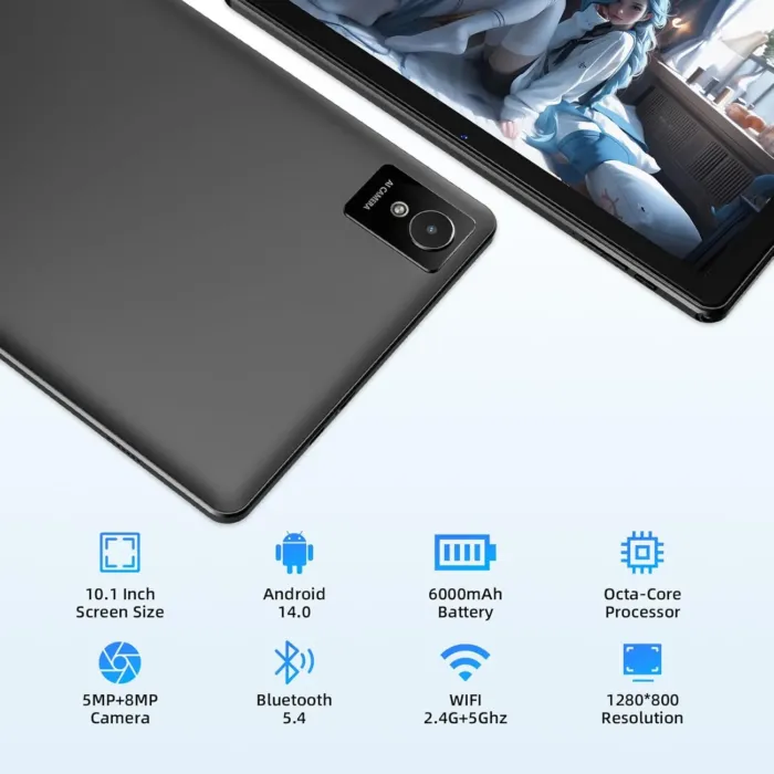 Tablet 10 Inch Android 14 2024 New Tablets, 12GB+128GB, 1TB Expand, Widevine L1 Compatible Octa-Core Tablet with WiFi 6, 6000mAh Battery, Dual Camera(5MP+8MP) - Image 4