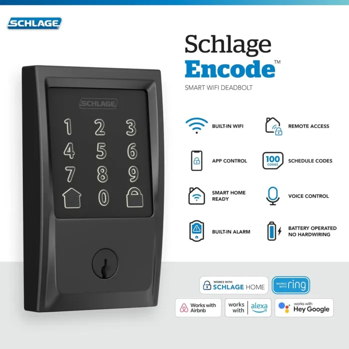 Schlage Encode Smart WiFi Deadbolt Lock for Front Door - Keyless Entry with App or Touchscreen - Works with Alexa, Apple HomeKit, Hey Google, & Airbnb - Create Codes for Guests - Matte Black - Image 3
