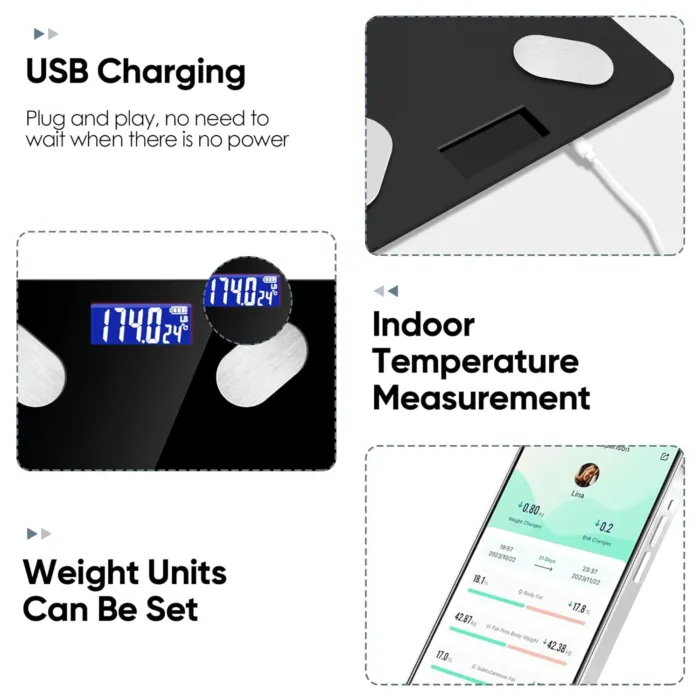 Digital Simple Bathroom Scale, Practical Body Fat Scale with Led Display, Body Composition Analyzer with Smartphone Application (Black) - Image 3