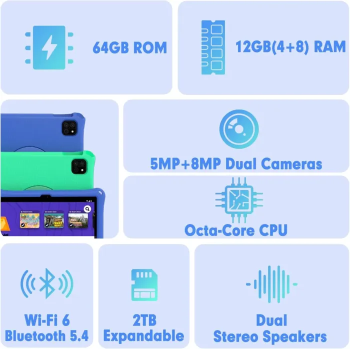 Kids Tablet, 10.1 Inch Android 15 Tablet for Kids, 12GB+64GB, Octa-Core, 6000mAh Battery, WiFi 6, Pre-Installed Kids Apps, Parental Control, with EVA Protective Case – Ideal Gift for Toddler (Blue) - Image 6