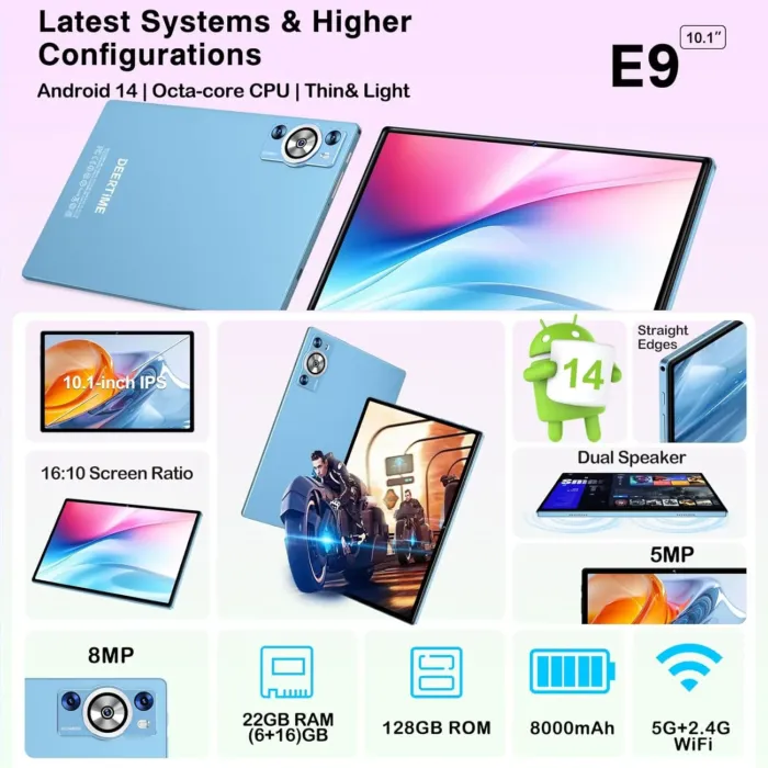 Android 14 Tablet 10.1 Inch 8000mAh Battery Tablets with 22GB RAM 128GB ROM 1TB Expand, Octa-Core HD Touchscreen Tablet with Keyboard, Mouse, Support Widevine L1, Split-Screen - Blue - Image 3