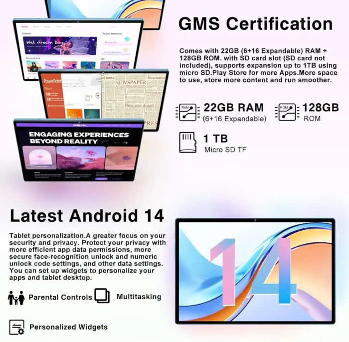 Android 14 Tablet 10.1 Inch 8000mAh Battery Tablets with 22GB RAM 128GB ROM 1TB Expand, Octa-Core HD Touchscreen Tablet with Keyboard, Mouse, Support Widevine L1, Split-Screen - Blue - Image 4