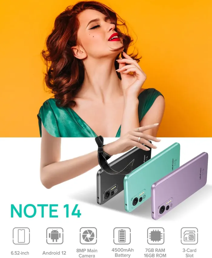 Ulefone Unlocked Smartphone, Note 14 Cell Phone Unlocked, Android 12, 6.52" IPS Full-Screen, 4500mAh, 7GB + 16GB, 3-Card Slots, 8MP Camera, Dual SIM, Face Recognition, 4G Cheap Phones - Green - Image 3