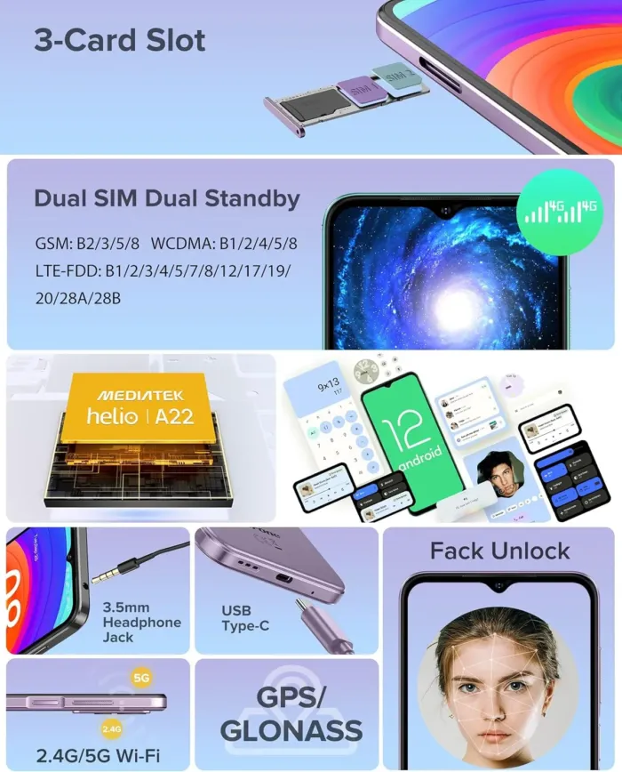 Ulefone Unlocked Smartphone, Note 14 Cell Phone Unlocked, Android 12, 6.52" IPS Full-Screen, 4500mAh, 7GB + 16GB, 3-Card Slots, 8MP Camera, Dual SIM, Face Recognition, 4G Cheap Phones - Green - Image 9