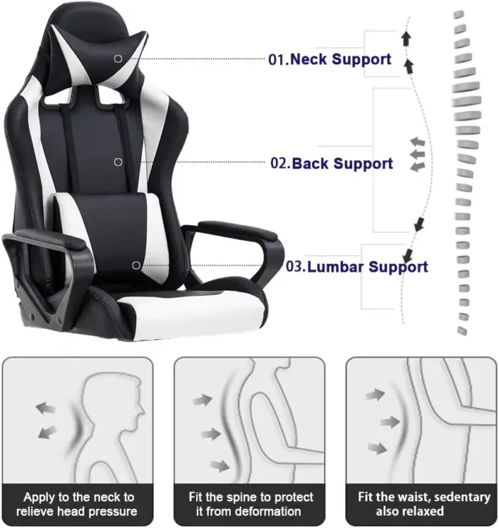 BestOffice High-Back Gaming Chair PC Office Chair Computer Racing Chair PU Desk Task Chair Ergonomic Executive Swivel Rolling Chair with Lumbar Support for Back Pain Women, Men,White - Image 5