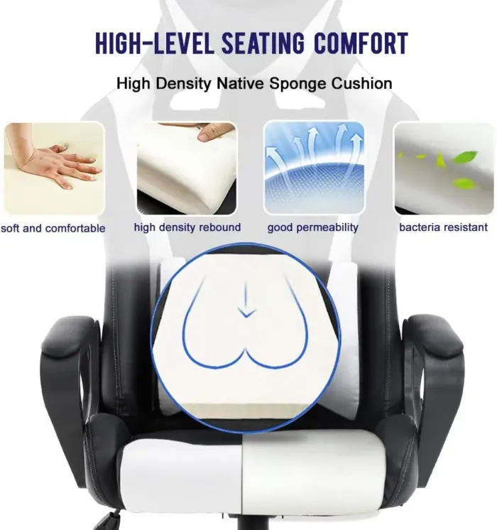 BestOffice High-Back Gaming Chair PC Office Chair Computer Racing Chair PU Desk Task Chair Ergonomic Executive Swivel Rolling Chair with Lumbar Support for Back Pain Women, Men,White - Image 6