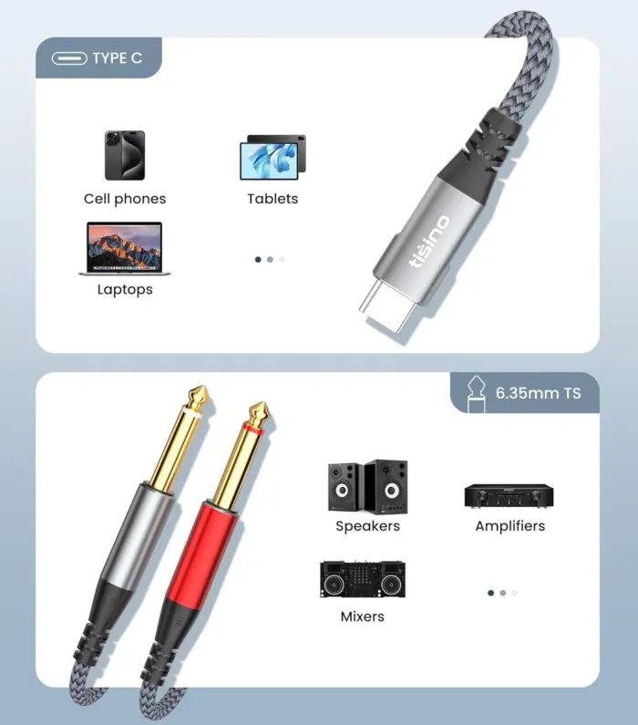 Tisino USB C to 1/4 inch Audio Cable, USB C to Dual TS Mono Cable, 6.35mm TS to Type C Y-Splitter Audio Cable for Smartphone, Tablet, Laptop Link to Amplifier, Mixing Console, Speaker - 10 Feet - Image 4