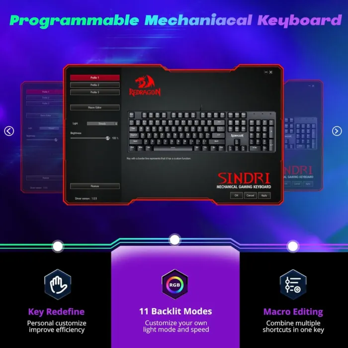 Redragon Mechanical Gaming Keyboard Wired, 11 Programmable Backlit Modes, Hot-Swappable Red Switch, Anti-Ghosting, Double-Shot PBT Keycaps, Light Up Keyboard for PC Mac - Image 5