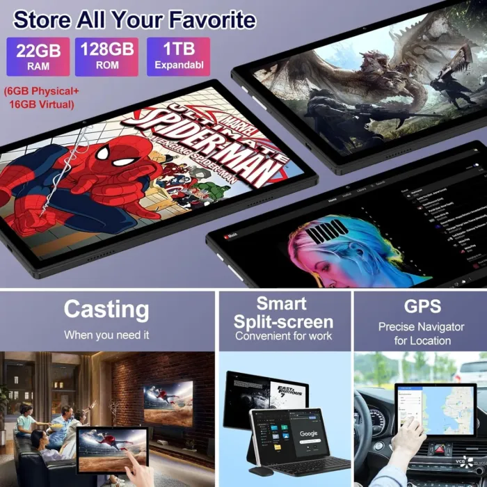 2025 Android 14 Tablet 22GB RAM 128GB ROM 1TB Expand, 10.1 inch 8000mAh Octa-Core Tablet with Keyboard & Mouse, HD IPS Display, 5G Wi-Fi, Bluetooth 5.0, GPS, Widevine L1, Split Screen -Metal Black - Image 4