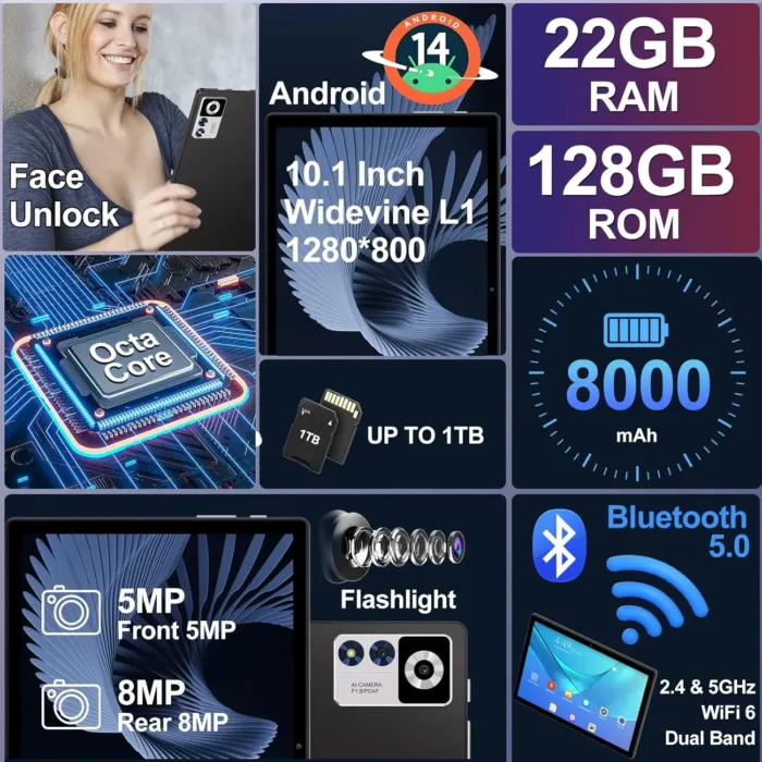 2025 Android 14 Tablet 22GB RAM 128GB ROM 1TB Expand, 10.1 inch 8000mAh Octa-Core Tablet with Keyboard & Mouse, HD IPS Display, 5G Wi-Fi, Bluetooth 5.0, GPS, Widevine L1, Split Screen -Metal Black - Image 8