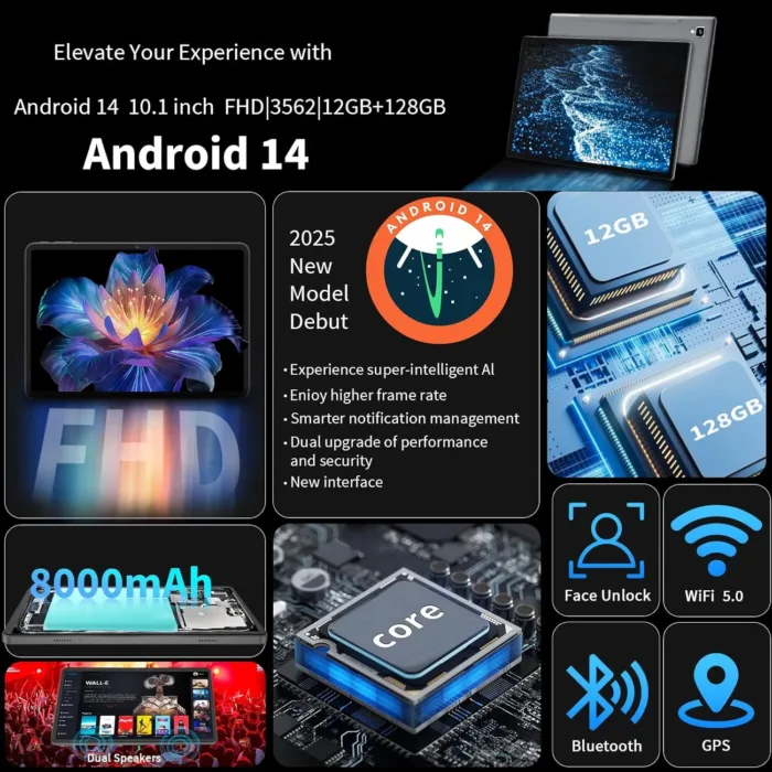 10 Inch Android Tablet, 12GB RAM 128GB Storage (Expandable to 1TB), 5G WiFi, 8000mAh Long Battery Life, Octa-Core Processor, Dual Camera (5MP+8MP), Face Unlock, Black - Image 4