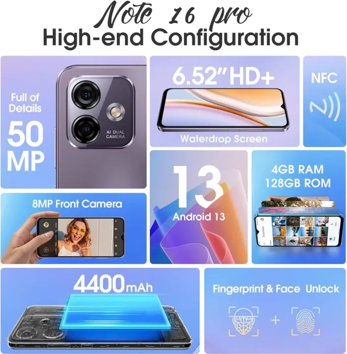 Ulefone Note 16 Pro (12GB+128GB) Unlocked Smartphone, Android 13 Cell Phone, 50MP Main Camera, 6.52” HD+ Waterdrop Screen, 8-Core Processor, 4400mAh, Dual 4G Unlocked Mobile Phone -Purple NFC Version - Image 3