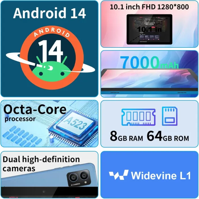 AWOW 10 inch Android 14 Tablet: 2025 8-Core CPU 8GB RAM 64GB ROM 1TB Expandable Widevine L1 Android Tablet 7000mAh Battery OTG IPS Face Recognition, Metal Body + Stand Case - Image 3