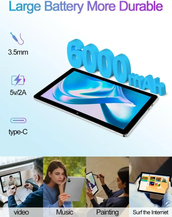 Android Tablet 10 Inch, 6GB (2+4 Expand) RAM 32GB ROM & 512GB Expandable Android 12 Tablet, 1280x800 IPS HD Touch Screen Tablets, 2+5Mp Dual Camera, WiFi 6, BT5.2, 6000Mah Long Lasting Battery - Image 4