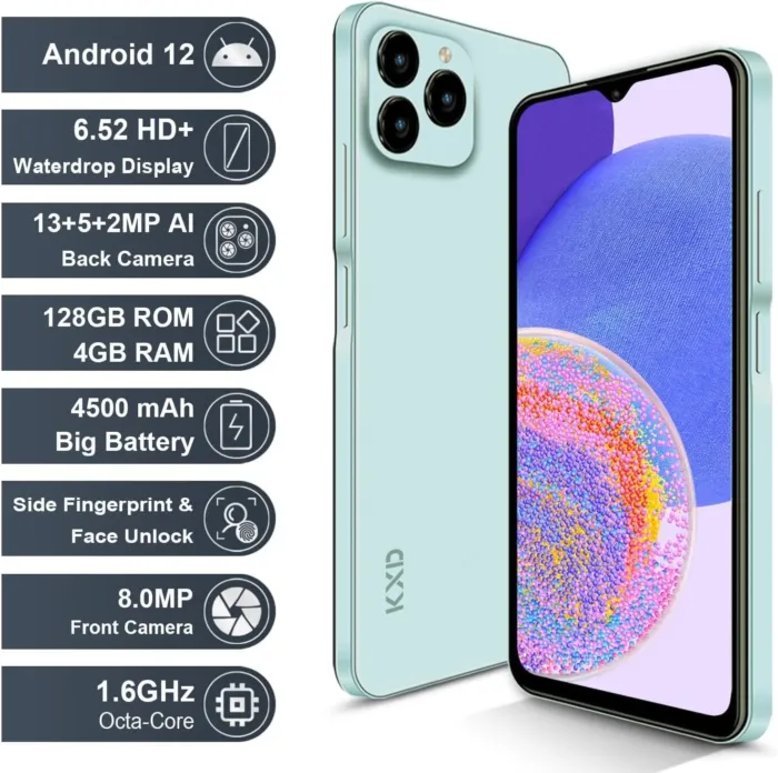 KXD 2024 A07 Unlocked Smartphone Under $100, 6.52" HD+ Display, 4500mAh Long Battery, 8GB+128GB, Dual SIM, Face ID, Android 12 – Budget Phone for Seniors & Teens - Image 3