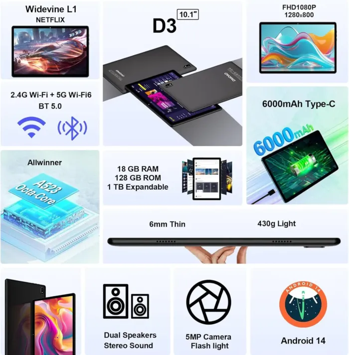 2025 Tablet Android 14 Tablets with 128GB ROM+18GB RAM, 1TB Expand, Powerful Octa-Core, WiFi 6, BT5.0, 6000mAh, Widevine L1, Black - Image 3