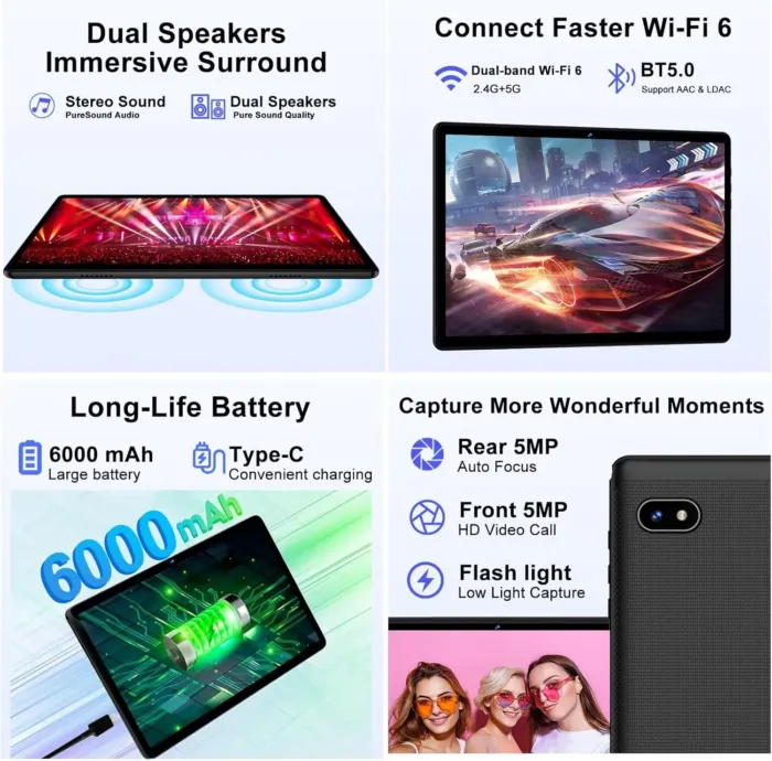 2025 Tablet Android 14 Tablets with 128GB ROM+18GB RAM, 1TB Expand, Powerful Octa-Core, WiFi 6, BT5.0, 6000mAh, Widevine L1, Black - Image 5