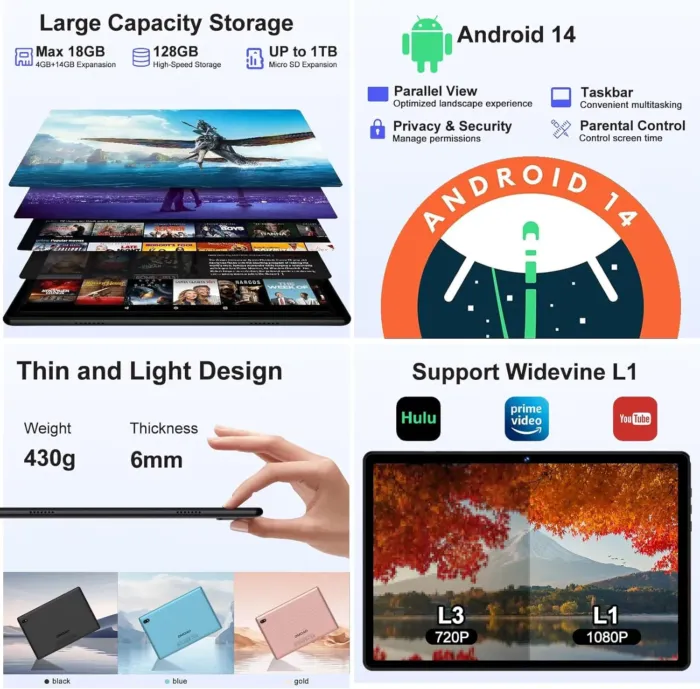 2025 Tablet Android 14 Tablets with 128GB ROM+18GB RAM, 1TB Expand, Powerful Octa-Core, WiFi 6, BT5.0, 6000mAh, Widevine L1, Black - Image 6