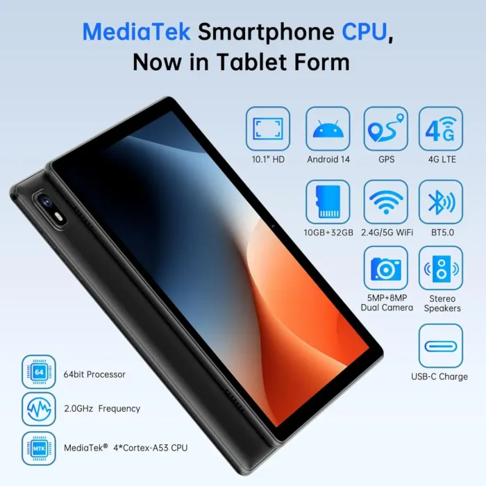 Android 14 Tablet 10.1 Inch,4G SIM Unlocked, Quad-Core CPU 2.0GHz,3GB+32GB, TF Expandable, IPS Display, 5G WiFi, Bluetooth 5.0,5MP+8MP Dual Cameras,5000mAh, GPS, Google Kids Space，Black case - Image 3