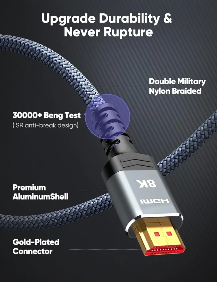 10K 8K HDMI 2.1 Cable 2-Pack 6.6FT, Highwings Certified 48Gbps Ultra High Speed Slim HDMI Cord,Support 4K@120Hz 8K@60Hz, HDCP 2.2&2.3, Dynamic HDR,eARC,DTS:X, Compatible with Roku TV/HDTV/PS5/Blu-ray - Image 6