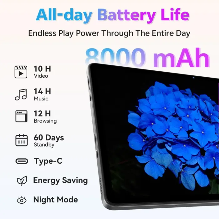 Android Tablet, 11 inch Android 15 Tablet 2025, Octa-Core, 12GB RAM 128GB Storage 1TB Expandable, 13MP Dual Cameras 5MP Front, 8000mAh, GPS, Dual Speakers, Face Unlock, WiFi 5 BT5.0 - Gray - Image 6