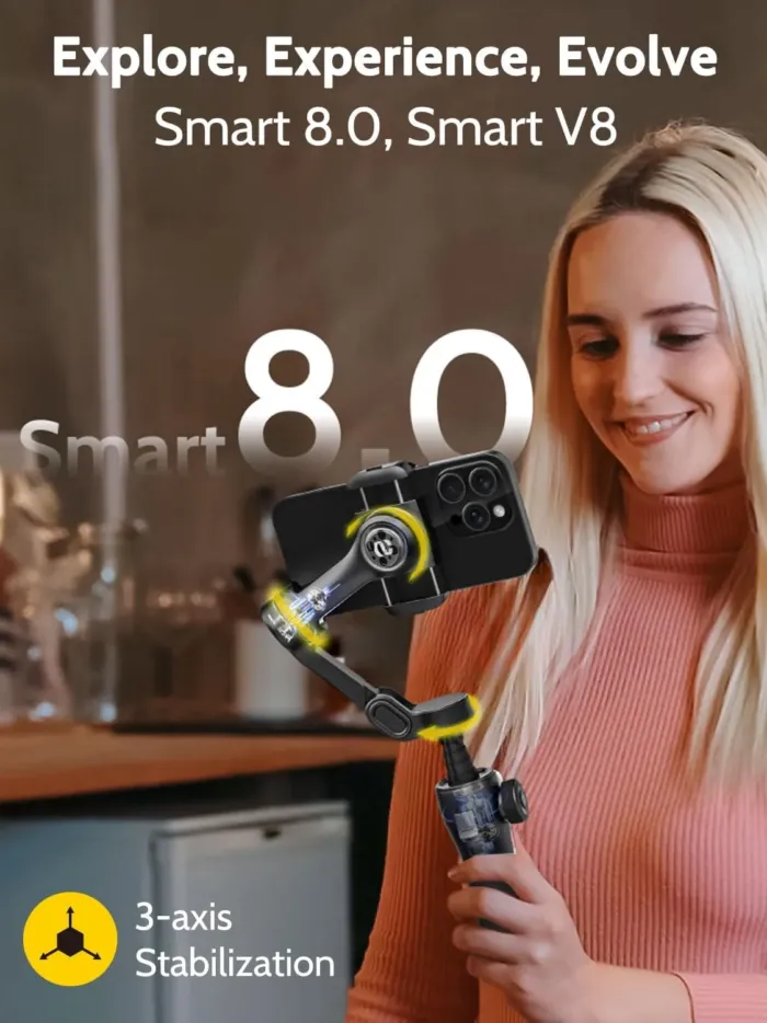 3-axis Gimbal Stabilizer w/Built-in 7.8' Extension Rod, Vlogging Phone Gimbal w/AI Tracking, Portable Smartphone Holder for iPhone w/Full-Screen OLED Display, Trigger Button Smart V8(Black) - Image 3