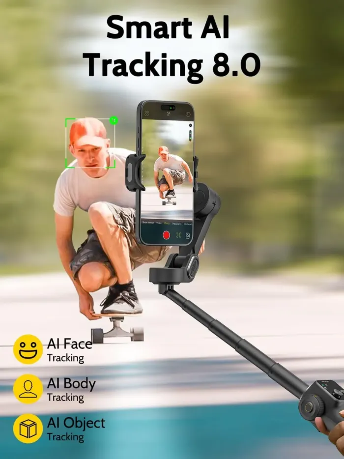 3-axis Gimbal Stabilizer w/Built-in 7.8' Extension Rod, Vlogging Phone Gimbal w/AI Tracking, Portable Smartphone Holder for iPhone w/Full-Screen OLED Display, Trigger Button Smart V8(Black) - Image 4