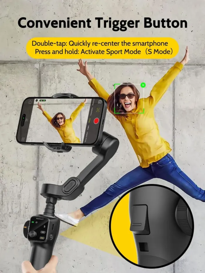 3-axis Gimbal Stabilizer w/Built-in 7.8' Extension Rod, Vlogging Phone Gimbal w/AI Tracking, Portable Smartphone Holder for iPhone w/Full-Screen OLED Display, Trigger Button Smart V8(Black) - Image 5