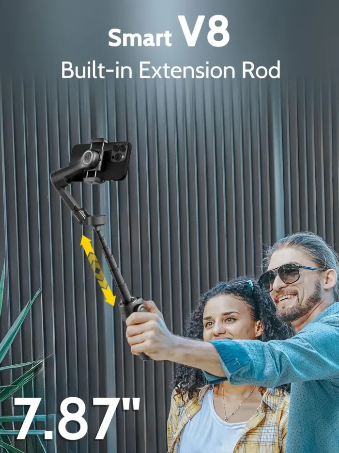 3-axis Gimbal Stabilizer w/Built-in 7.8' Extension Rod, Vlogging Phone Gimbal w/AI Tracking, Portable Smartphone Holder for iPhone w/Full-Screen OLED Display, Trigger Button Smart V8(Black) - Image 6